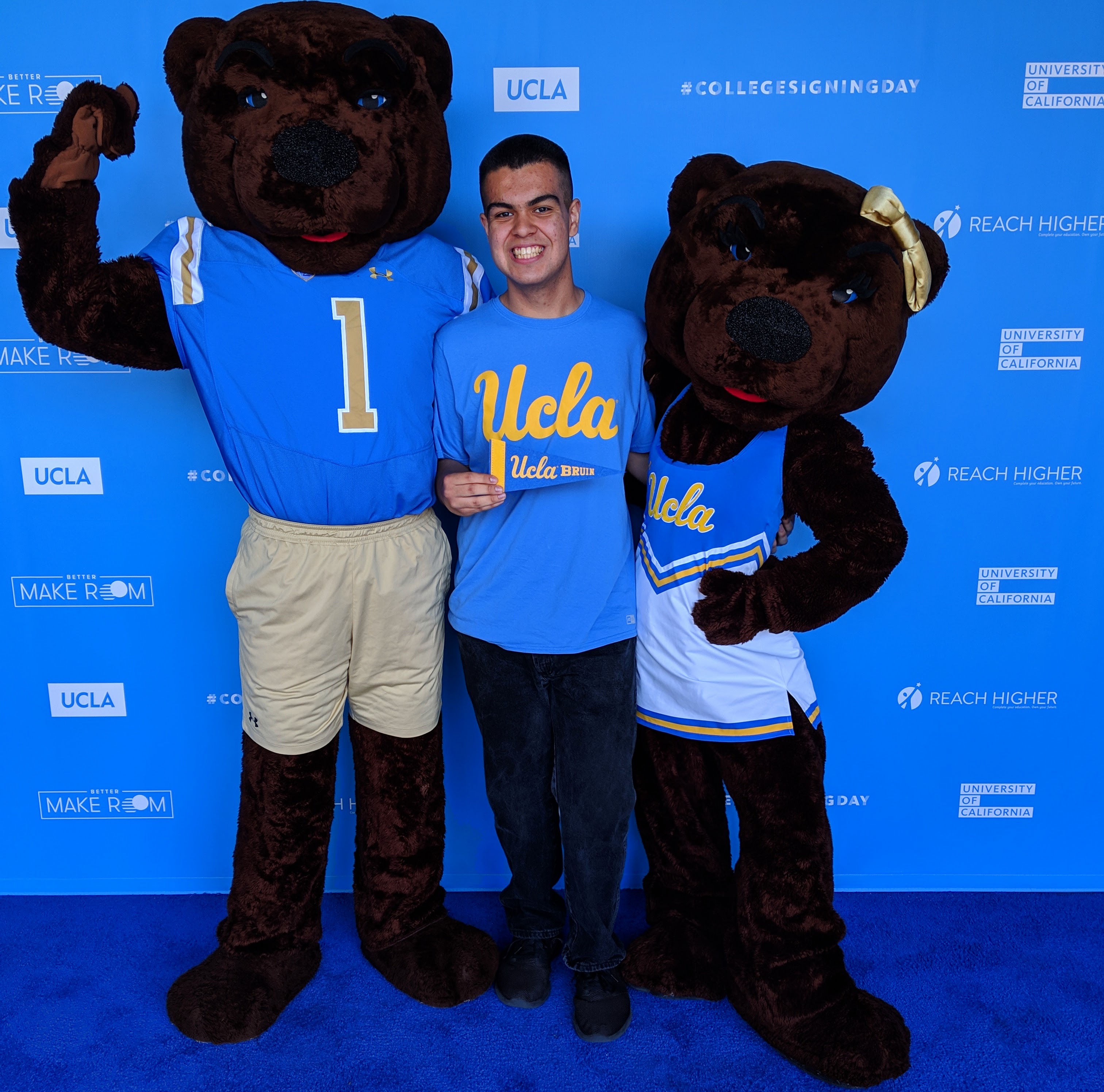 Matthew with Joe and Josie Bruin, UCLA's mascots