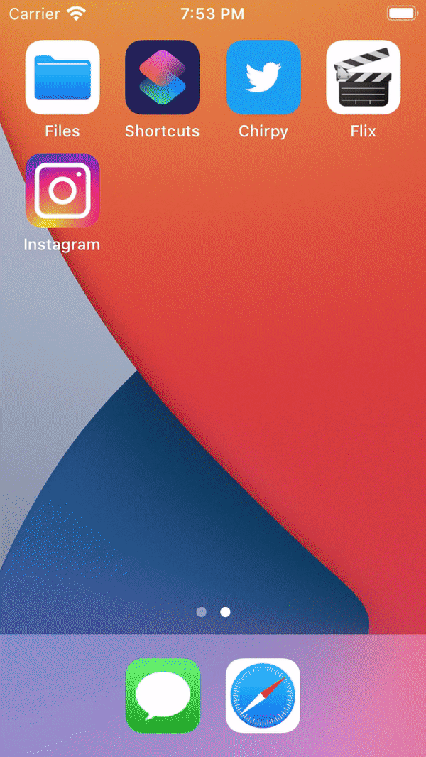 Animation of scrolling through the photos feed and uploading a photo on Instagram clone for
												   iOS